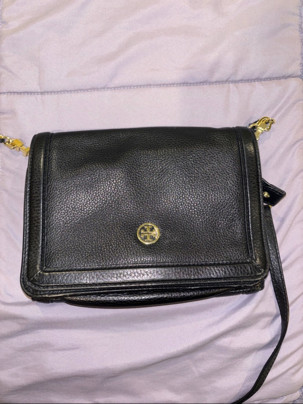 Tory Burch Black Pebbled Leather Crossbody with Gold Logo